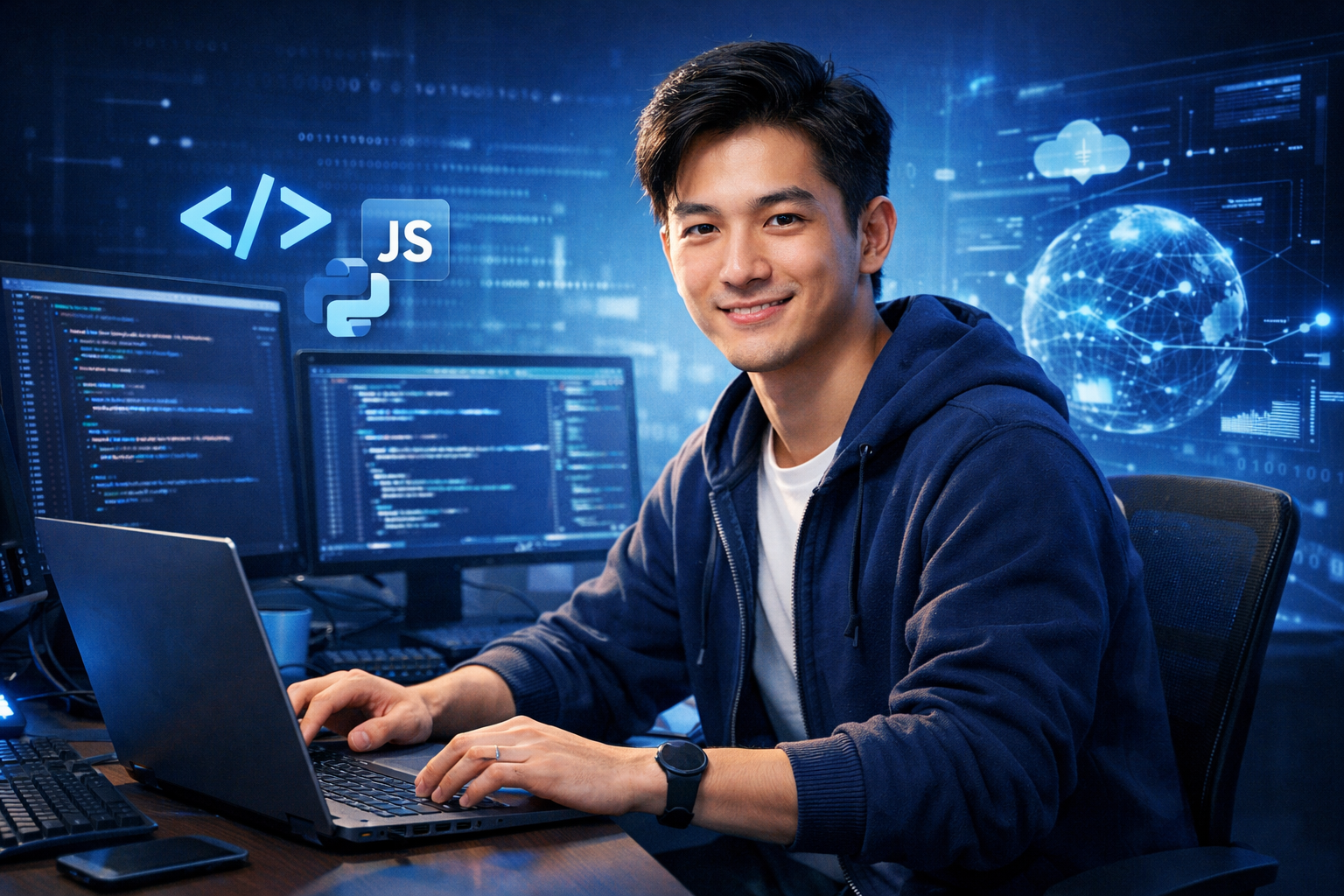 Confident programmer at modern workstation